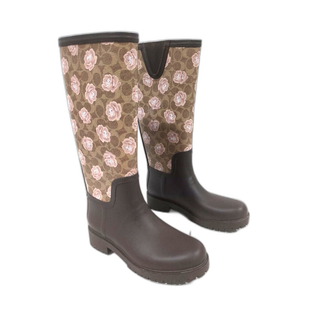 Coach Brown and Pink Floral Winter Rain Boots